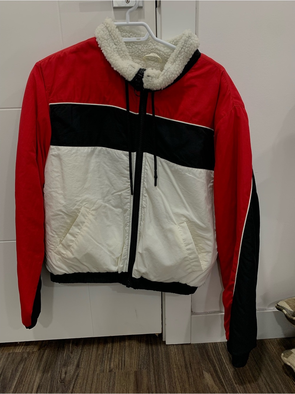 Ardene Red, Black & White Colorblock Sherpa Jacket